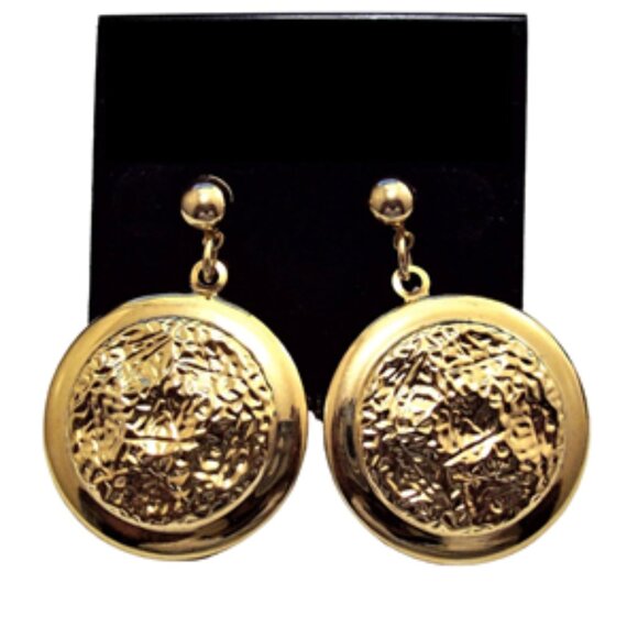 Hammered Discs Hoop Pierced Post Earrings Gold Tone - Picture 2 of 5